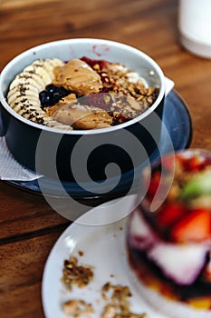 Healthy breakfast with oatmeal bowl