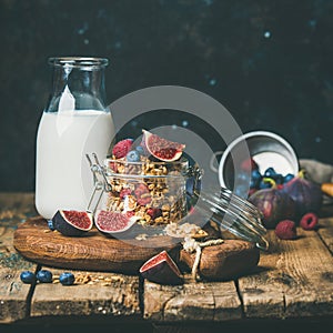 Healthy breakfast with Oatmeal granola and almond milk, square crop