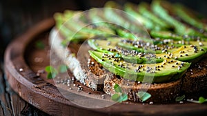 healthy breakfast options, avocado slices on whole grain toast with chia seeds, served on a rustic wooden plate a