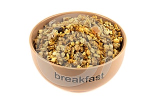 Healthy breakfast plate, cereal granola food with nuts seed organic muesli morning diet oat meal isolated on white