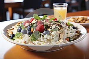 Healthy breakfast. a plate of nutty oatmeal topped with mixed nuts and fresh berries