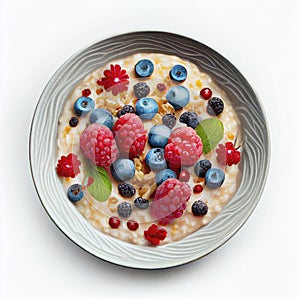 Healthy breakfast porridge with berries on a plate isolate on a white background.