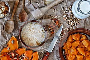 Healthy breakfast. Pumpkin porridge with milk.