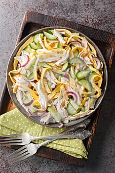 Healthy breakfast Salad with cucumbers, chicken, onion and fried egg pancakes closeup on the plate on the table. Vertical top view