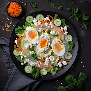 Healthy breakfast. Salad with feta cheese, eggs, cucumber and carrot. Healthy food. Top view. Generative AI