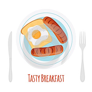 Healthy breakfast - sausage, egg, toast. Fried bread, meat
