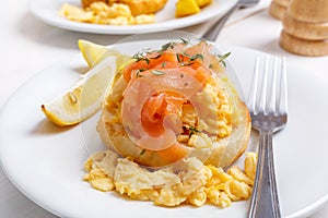 Healthy Breakfast: Scrambled Egg and Smoked Salmon Sandwich on a Toasted Bun