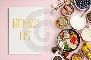 Healthy breakfast set with coffee and granola