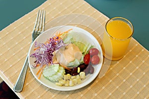 Healthy breakfast set, Fresh vegatable salad and orange juice