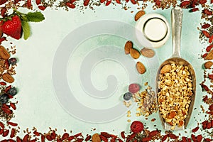 Healthy Breakfast set with granola, superfoods, almond milk and