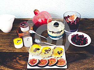 Healthy breakfast set on rustic wooden table.