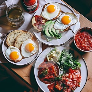 Healthy breakfast set on table. The concept of delicious and healthy food. generative ai