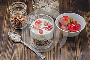 Healthy breakfast set on wooden background, selective focus