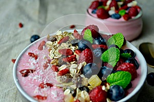 Healthy Breakfast Smoothie Bowl with Raspberries, Blueberries, G