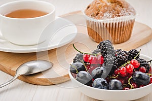 healthy breakfast: tea and  with fresh berries/healthy breakfast: tea and  with fresh berries.  Selective focus