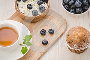 healthy breakfast: tea with mint, cottage cheese, cake and fresh