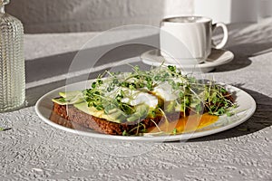 Healthy breakfast, toasted whole grain bread with avocado, poached egg, microgreens and a cup of coffee