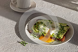 Healthy breakfast, toasted whole grain bread with avocado, poached egg, microgreens and a cup of coffee