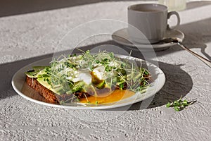 Healthy breakfast, toasted whole grain bread with avocado, poached egg, microgreens and a cup of coffee