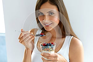 Healthy Breakfast. Woman With Glass Of Yogurt, Berries And Oats