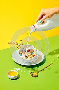 Healthy breakfast. Woman pouring milk into bowl with delicious muesli, cereal with berries against green yellow