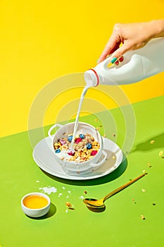 Healthy breakfast. Woman pouring milk into bowl with delicious muesli, cereal with berries against green yellow