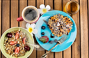 Healthy breakfast on wooden background