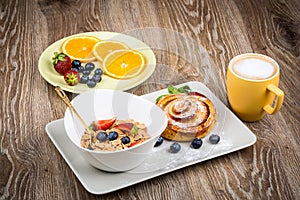 Healthy breakfast on wooden background