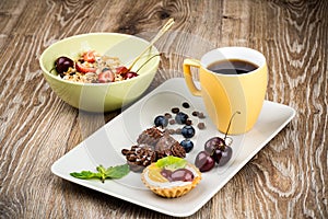 Healthy breakfast on wooden background