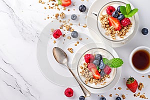 Healthy Breakfast with Yogurt and Berries on Marble Surface
