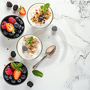 Healthy Breakfast with Yogurt and Berries on Marble Surface