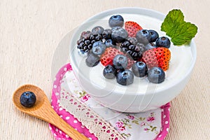 Healthy breakfast with yogurt and berry, dieting, freshness, Min