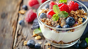 Healthy breakfast. Yogurt with granola and berries . Ai Generative