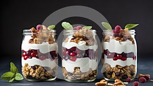 Healthy breakfast with yogurt, granola and berries in glass jars on dark background Generative AI