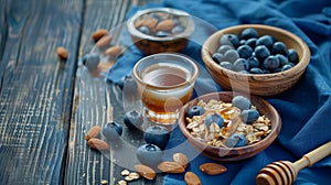 Healthy breakfast: yogurt with granola and blueberry , honey