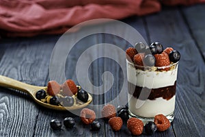 The healthy breakfast of yogurt with muesli, granola raspberry jam and fresh fruits raspberry and blueberry