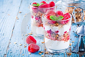 Salutare colazione muesli un fresco lamponi 