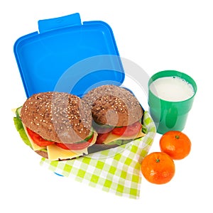 Healthy brown bread roll in blue lunch box with fruit and milk photo