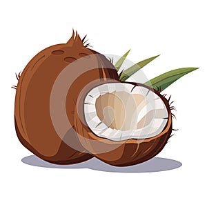 Healthy brown coconut on white background. Isolated vector in flat style. Summer fruit for design