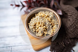 Healthy brown rice and quinoa dinner fully cooked