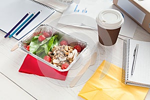 Healthy business lunch snack in office, vegetable salad