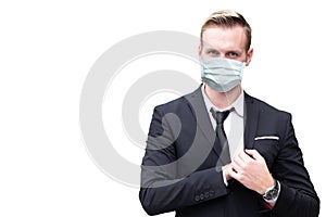 Healthy care business man waring face mask isolated on white background