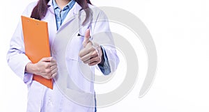 Healthy care and medical concept. Hand of professional young woman doctor wear uniform coat with stethoscope holding clipboard