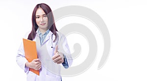 Healthy care and medical concept. Hand of professional young woman doctor wear uniform coat with stethoscope holding clipboard