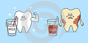 Healthy cartoon tooth with a glass of milk and decayed tooth with a soda.