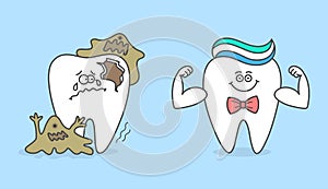 Healthy cartoon tooth with toothpaste and decayed tooth with bacteria and caries.