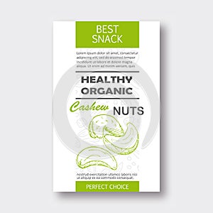 Healthy cashew nut vertical label. Vector packaging design.