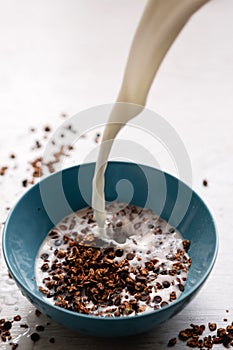 Healthy cereal breakfast. Sweet granola with milk