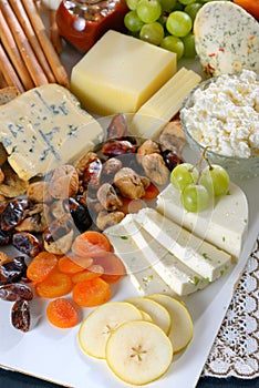 Healthy cheese and fruits plate