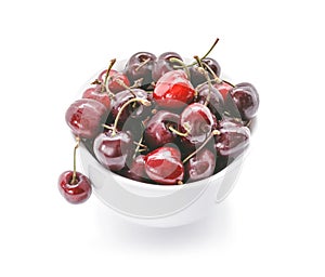 Healthy Cherries in white bowl. Fresh cherries isolated on white background